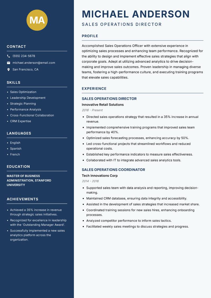 Sales Operations Officer Resume Preview Example