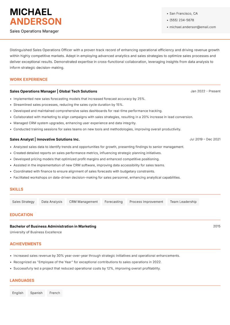 Sales Operations Officer Resume Template
