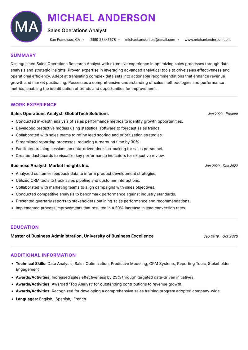 Sales Operations Research Analyst Resume Preview Example