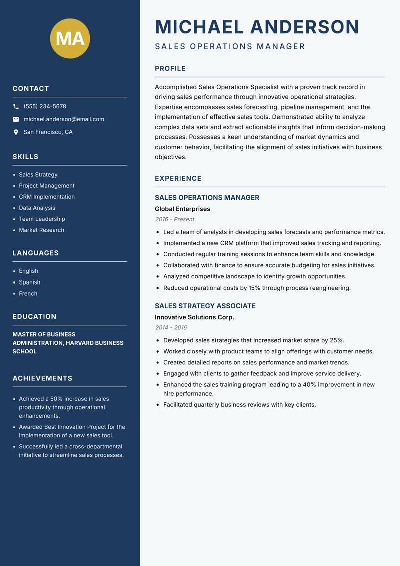 Sales Operations Specialist Resume Preview Example