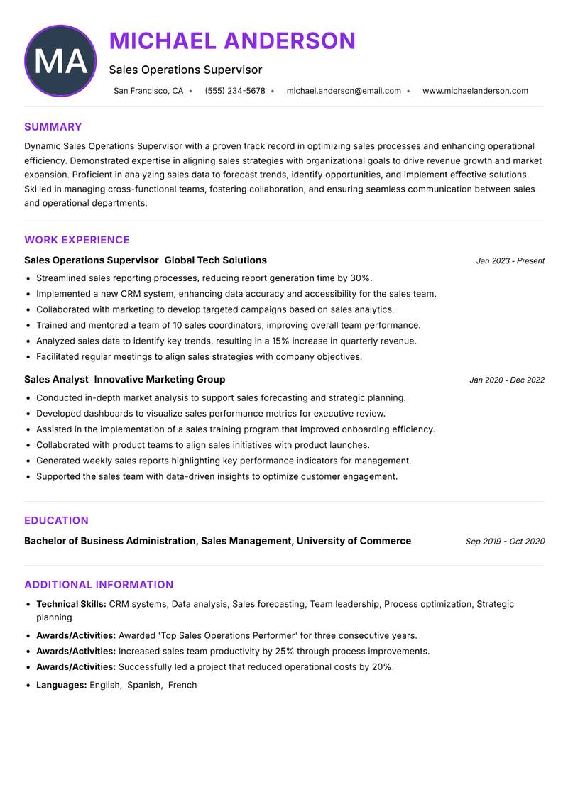 Sales Operations Supervisor Resume Preview Example