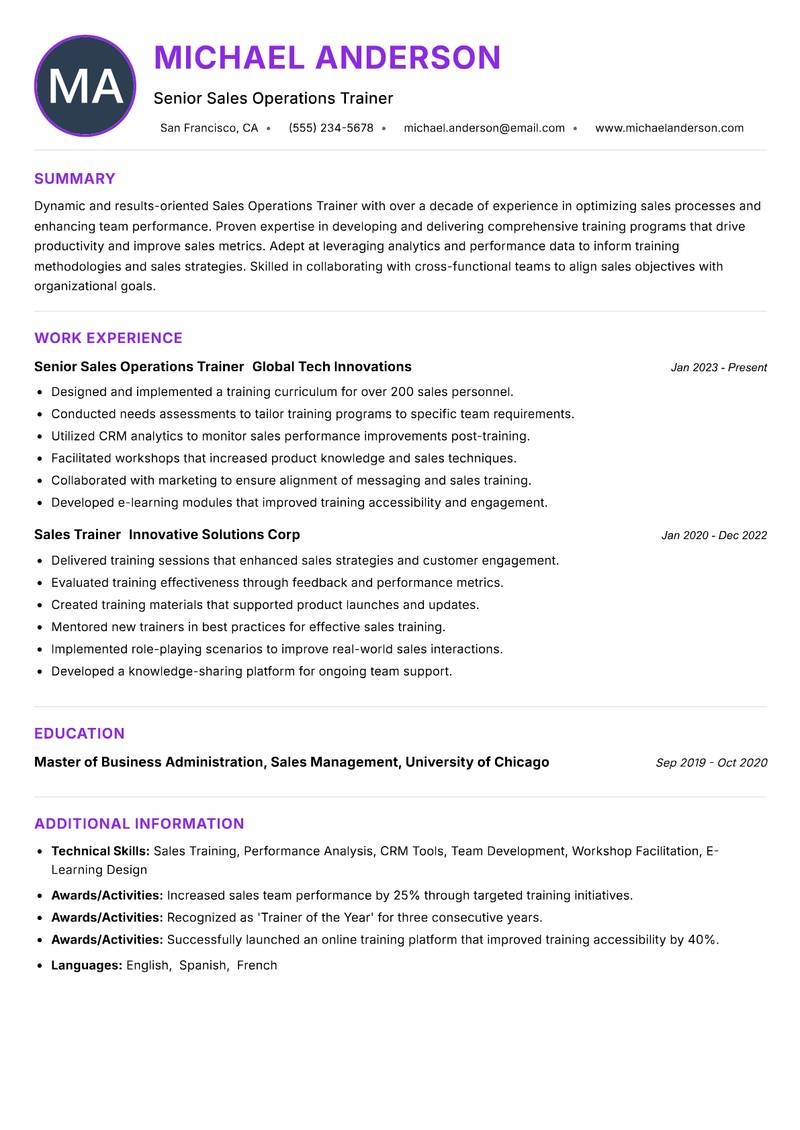 Sales Operations Trainer Resume Preview Example