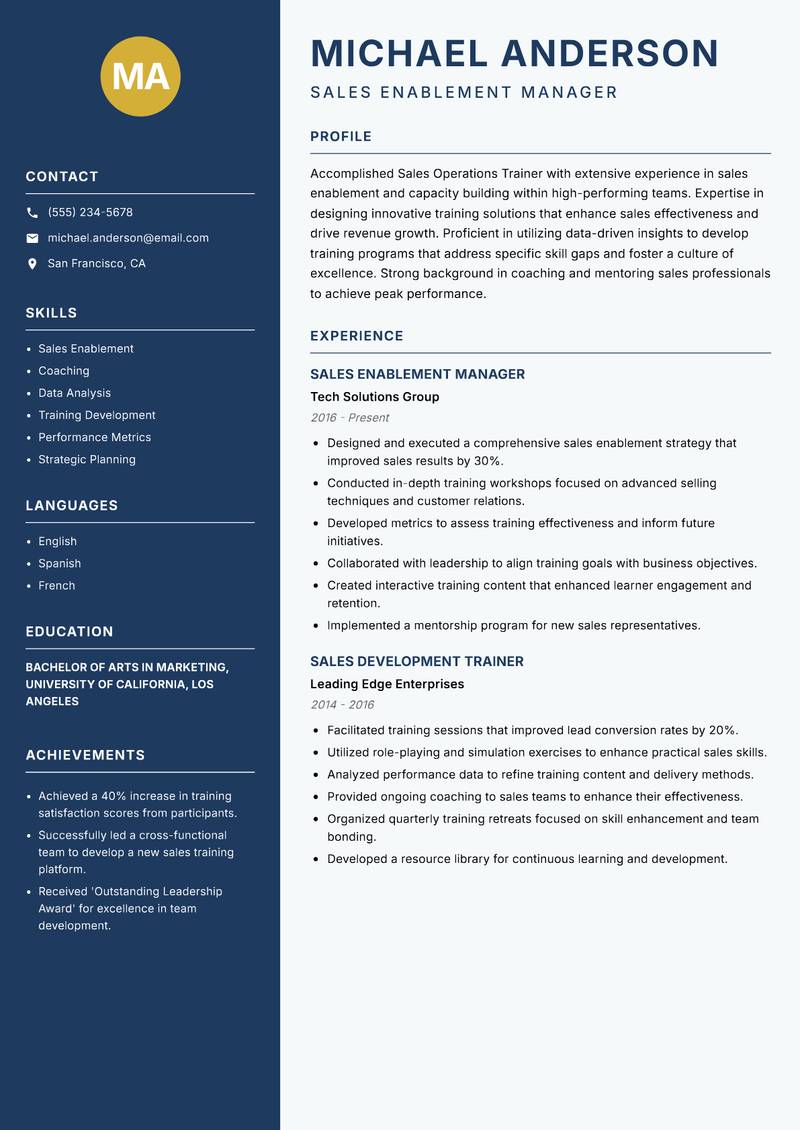 Sales Operations Trainer Resume Preview Example