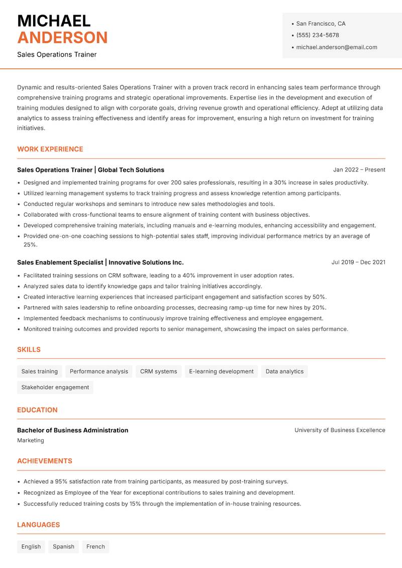 Sales Operations Trainer Resume Template