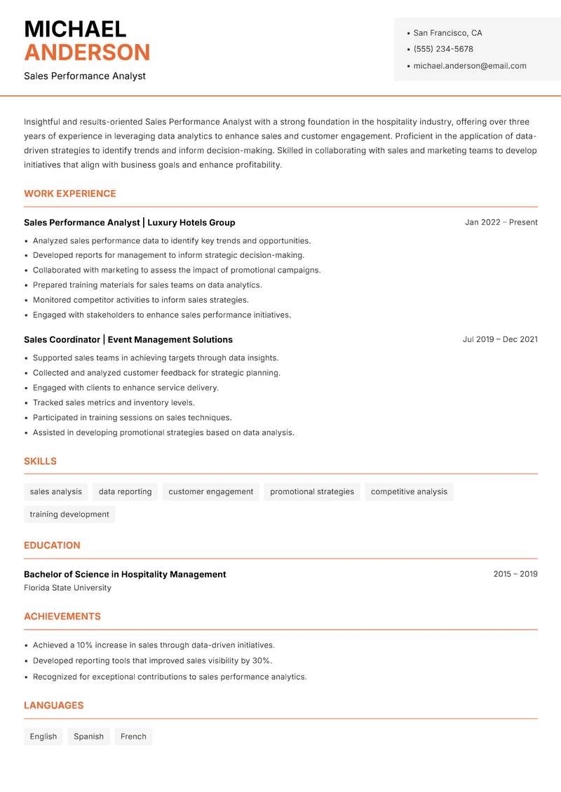 Sales Performance Analyst Resume Template