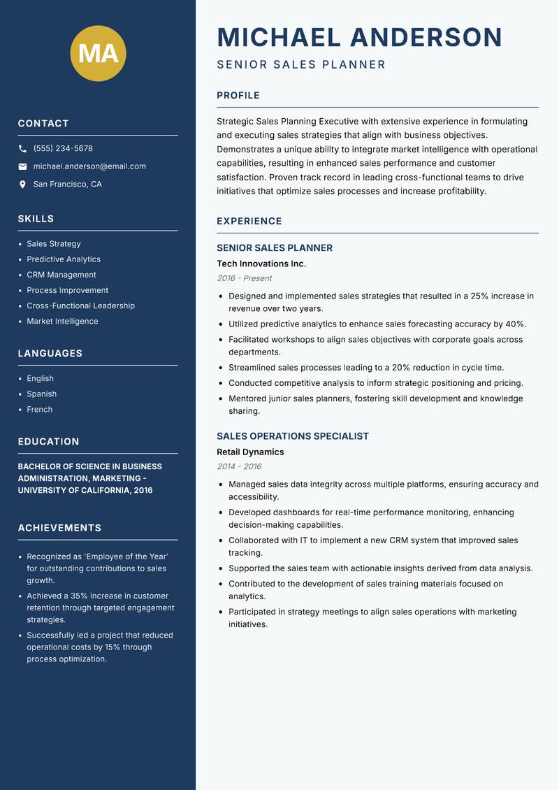 Sales Planning Executive Resume Preview Example