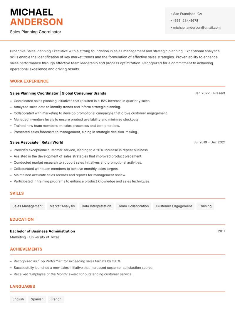 Sales Planning Executive Resume Template