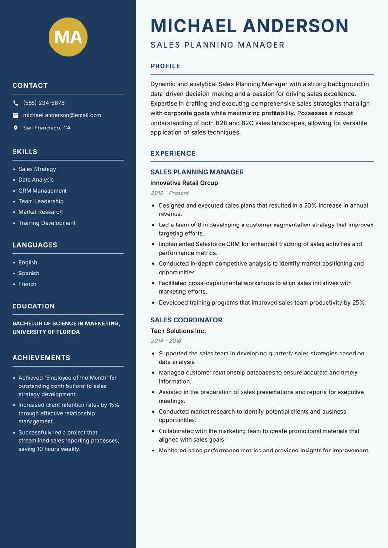 Sales Planning Manager Resume Preview Example