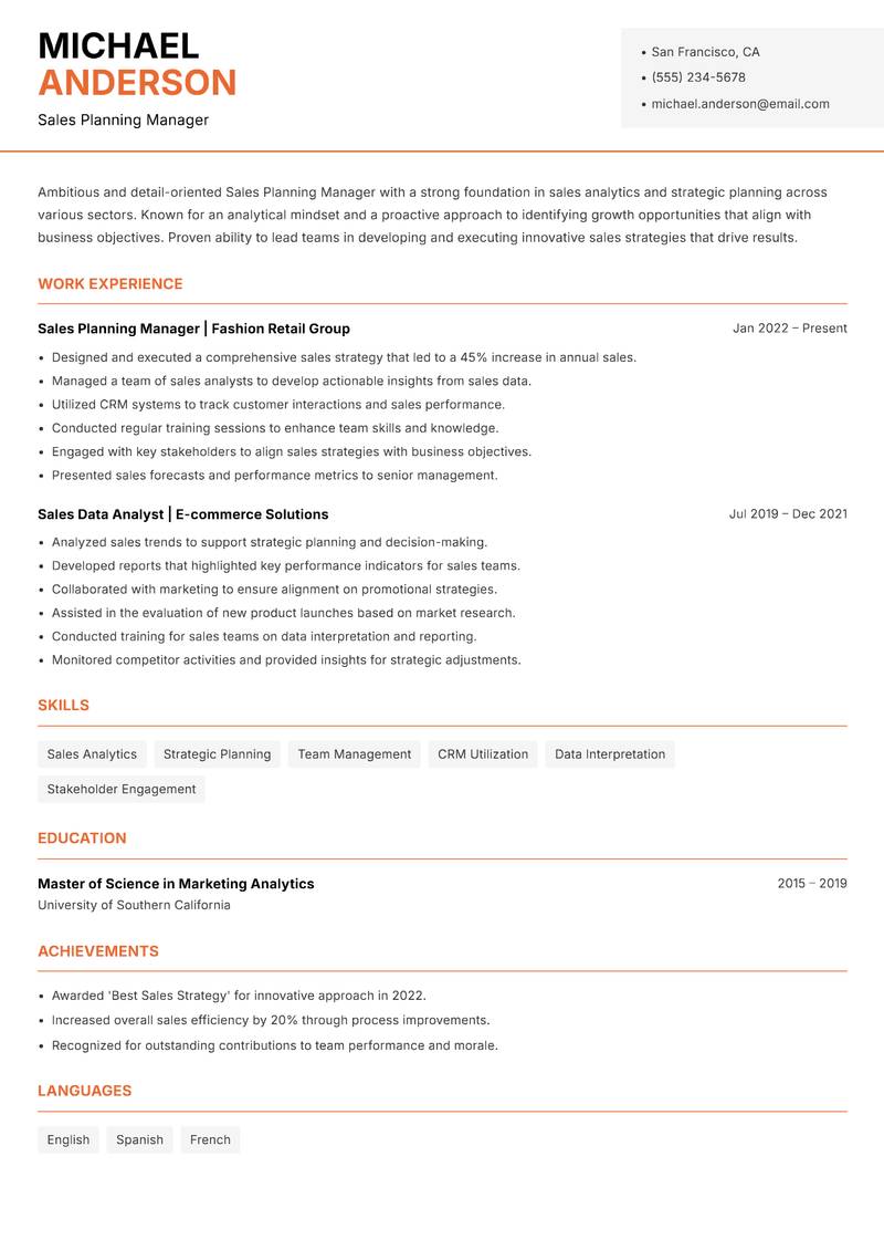 Sales Planning Manager Resume Template