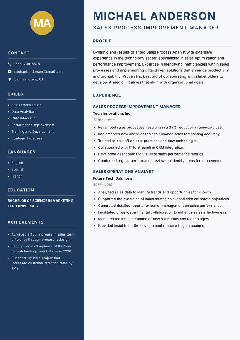 Sales Process Analyst Resume Preview Example
