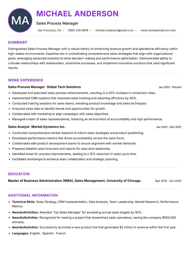 Sales Process Manager Resume Preview Example