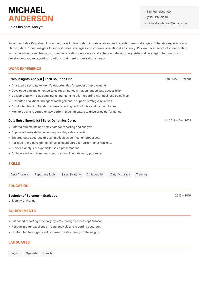 Sales Reporting Analyst Resume Template