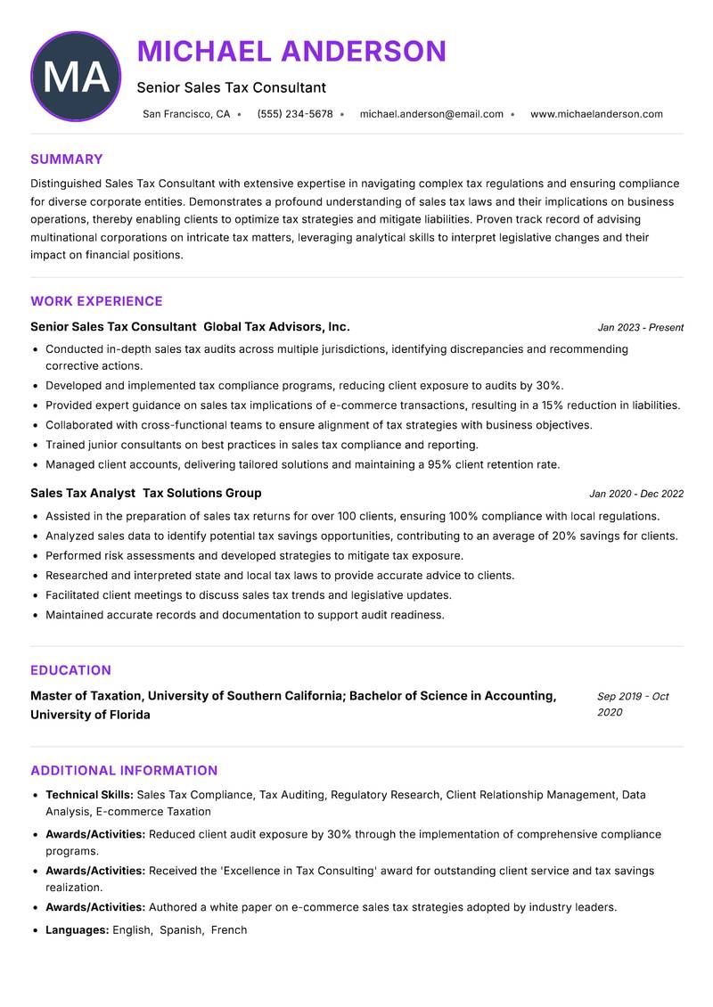 Sales Tax Consultant Resume Preview Example