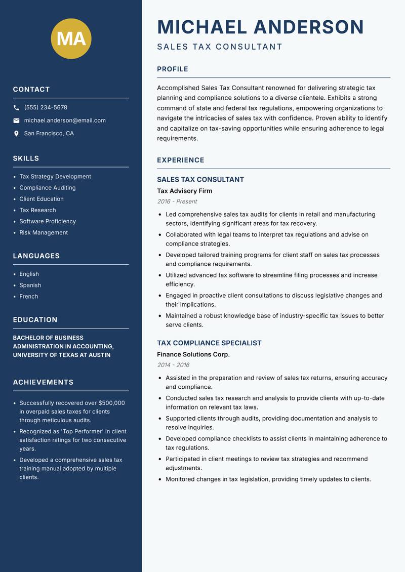 Sales Tax Consultant Resume Preview Example