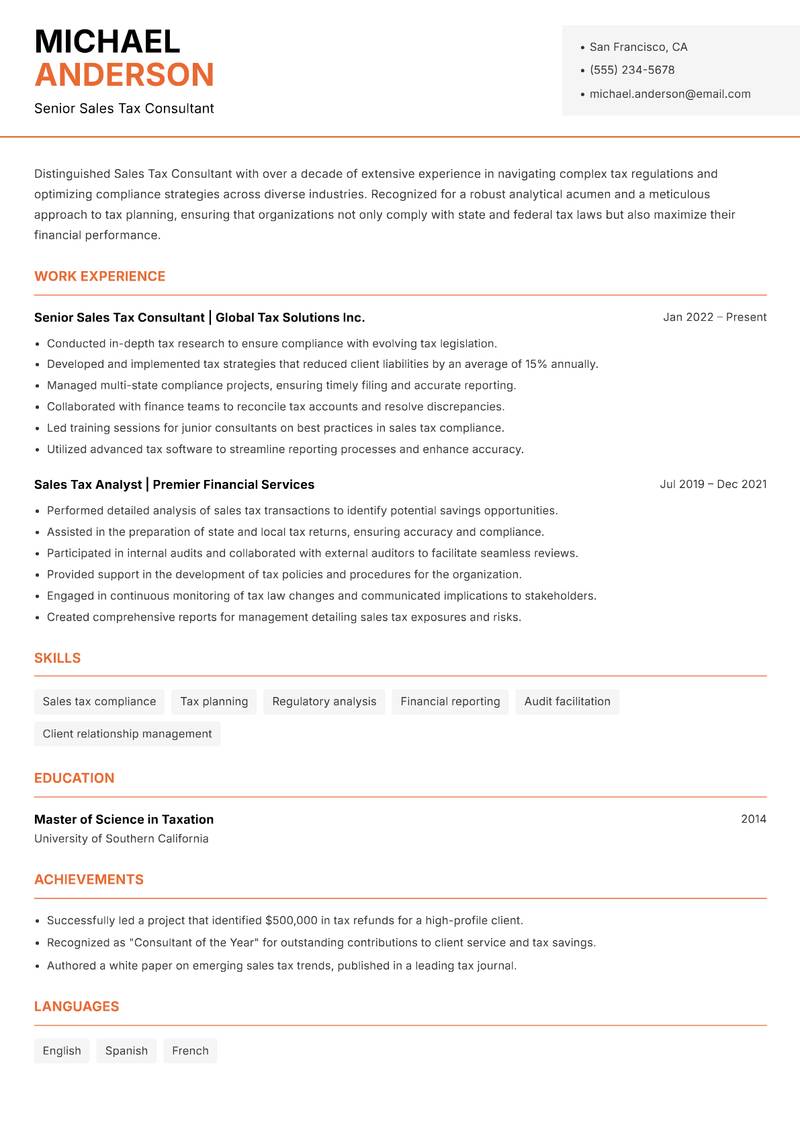 Sales Tax Consultant Resume Template