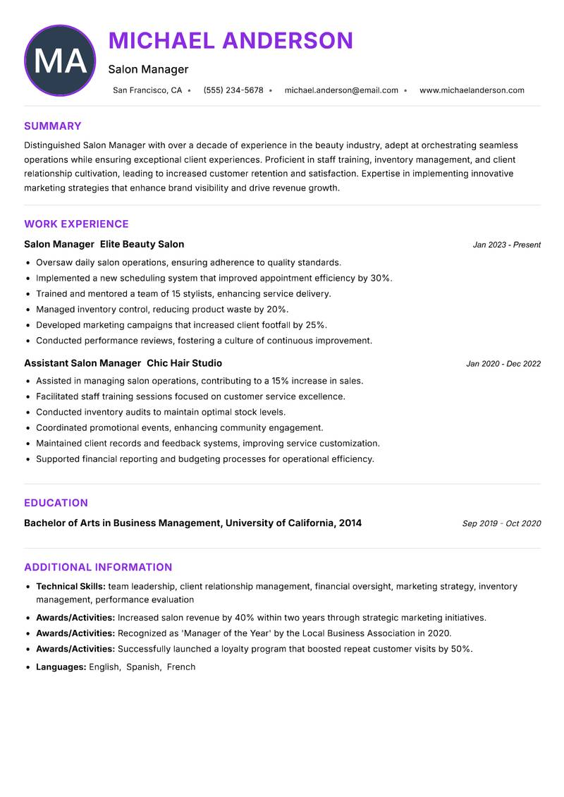 Salon Manager Resume Preview Example
