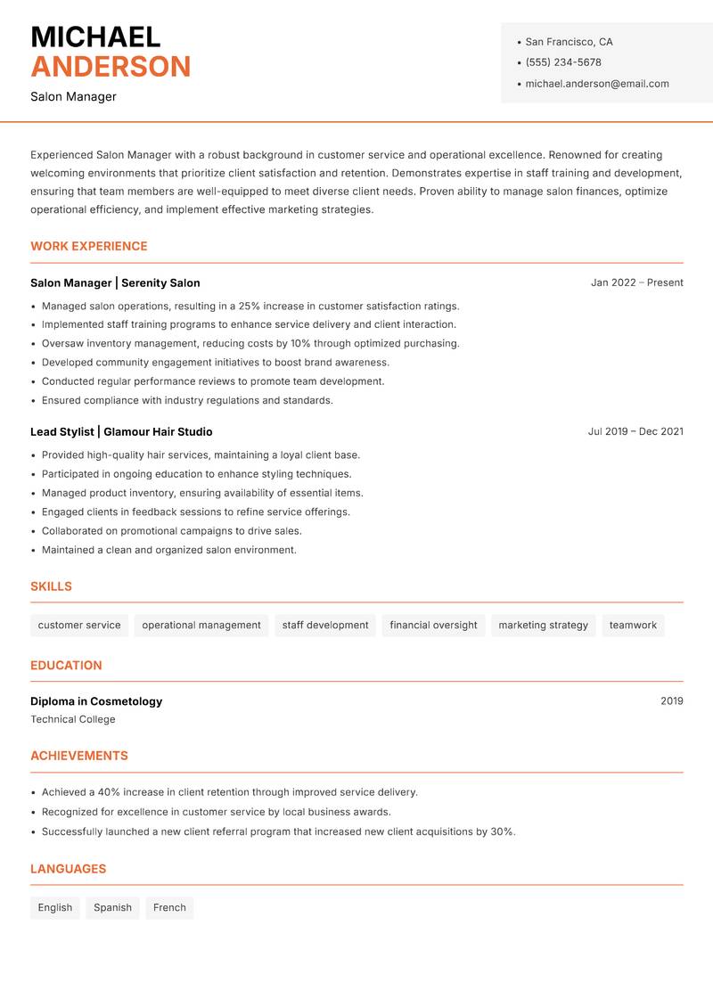 Salon Manager Resume Template