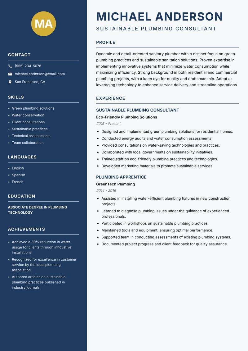 Sanitary Plumber Resume Preview Example