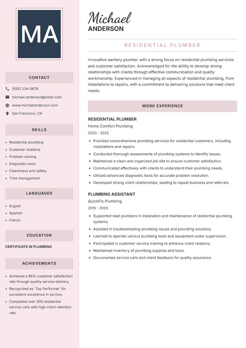 Sanitary Plumber Resume Preview Example