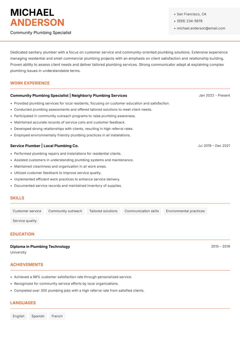 Sanitary Plumber Resume Template