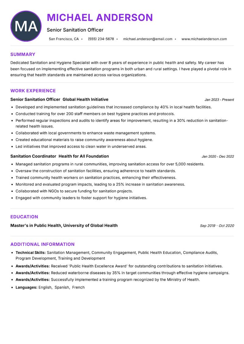 Sanitation and Hygiene Specialist Resume Preview Example