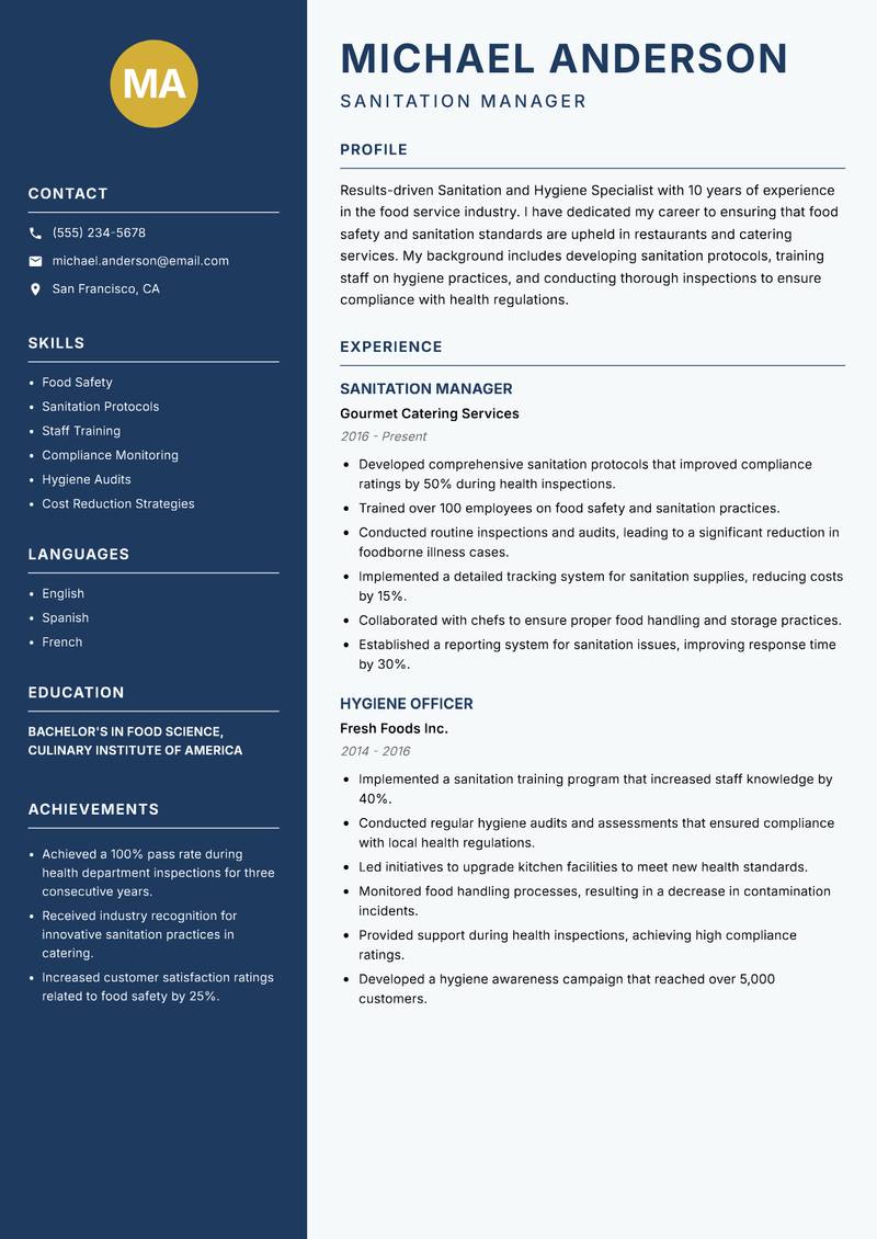 Sanitation and Hygiene Specialist Resume Preview Example