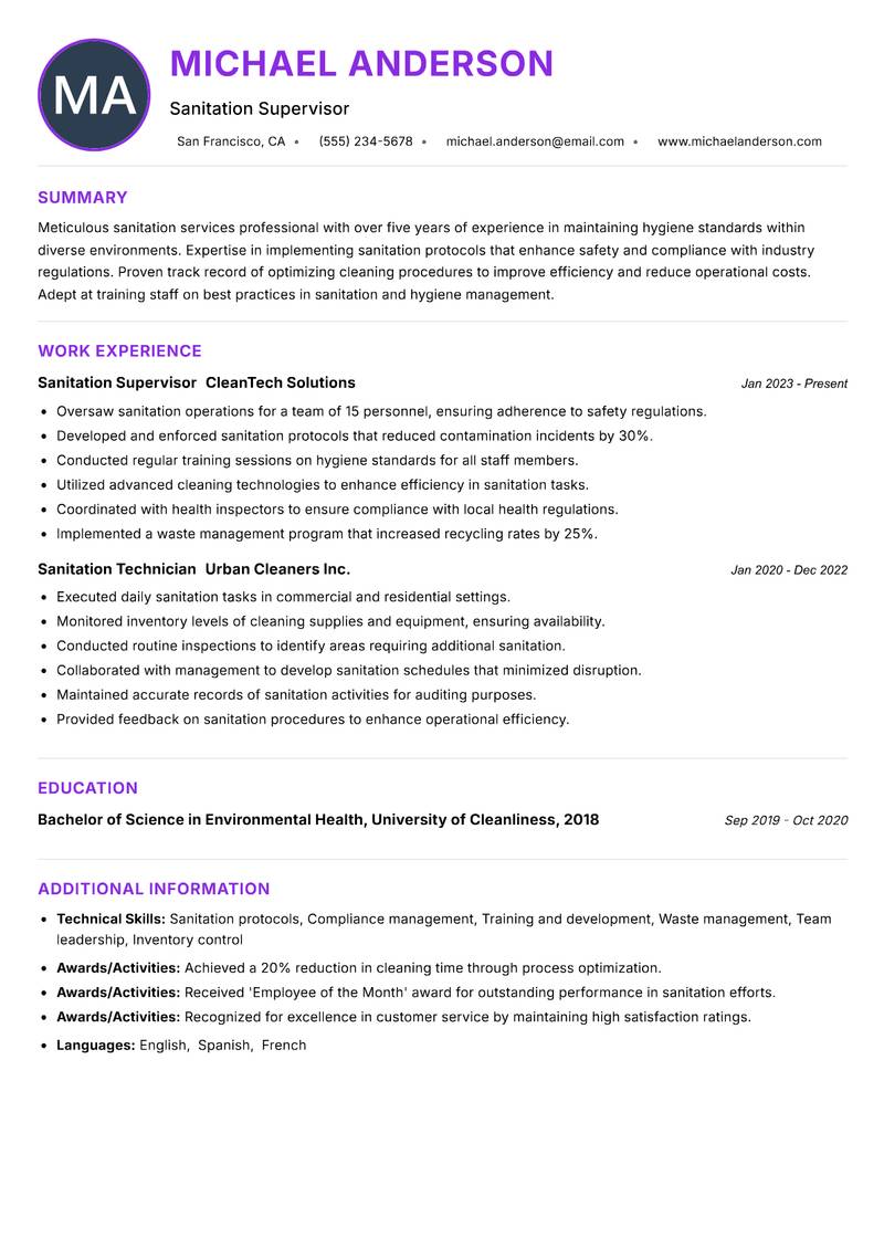 Sanitation Services Assistant Resume Preview Example