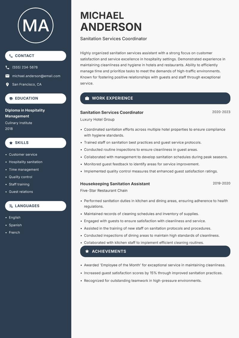 Sanitation Services Assistant Resume Preview Example
