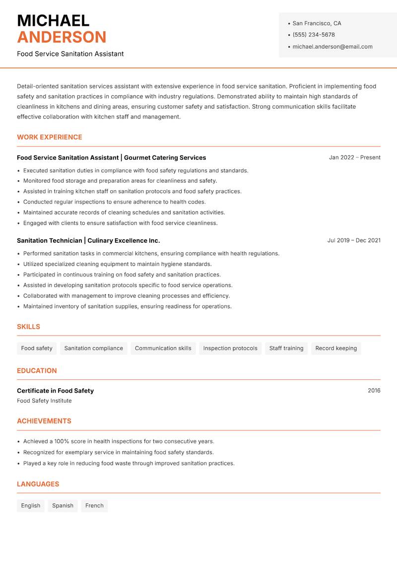 Sanitation Services Assistant Resume Template