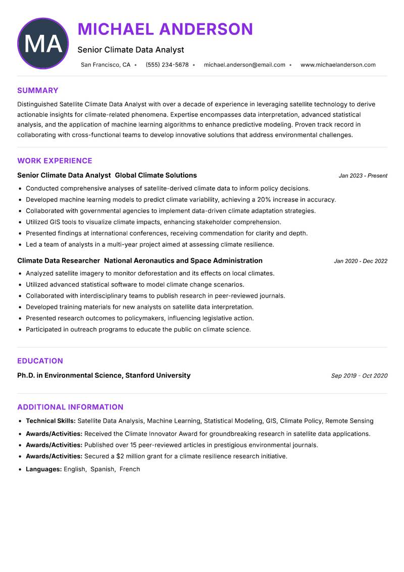 Satellite Climate Data Analyst Resume Preview Example