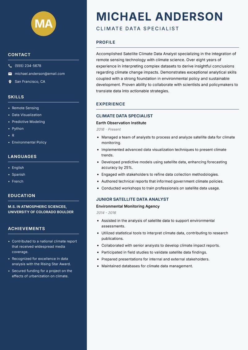 Satellite Climate Data Analyst Resume Preview Example