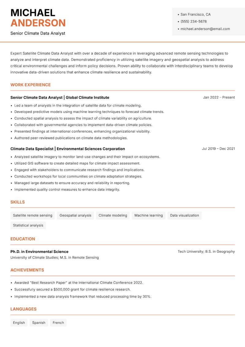Satellite Climate Data Analyst Resume Template