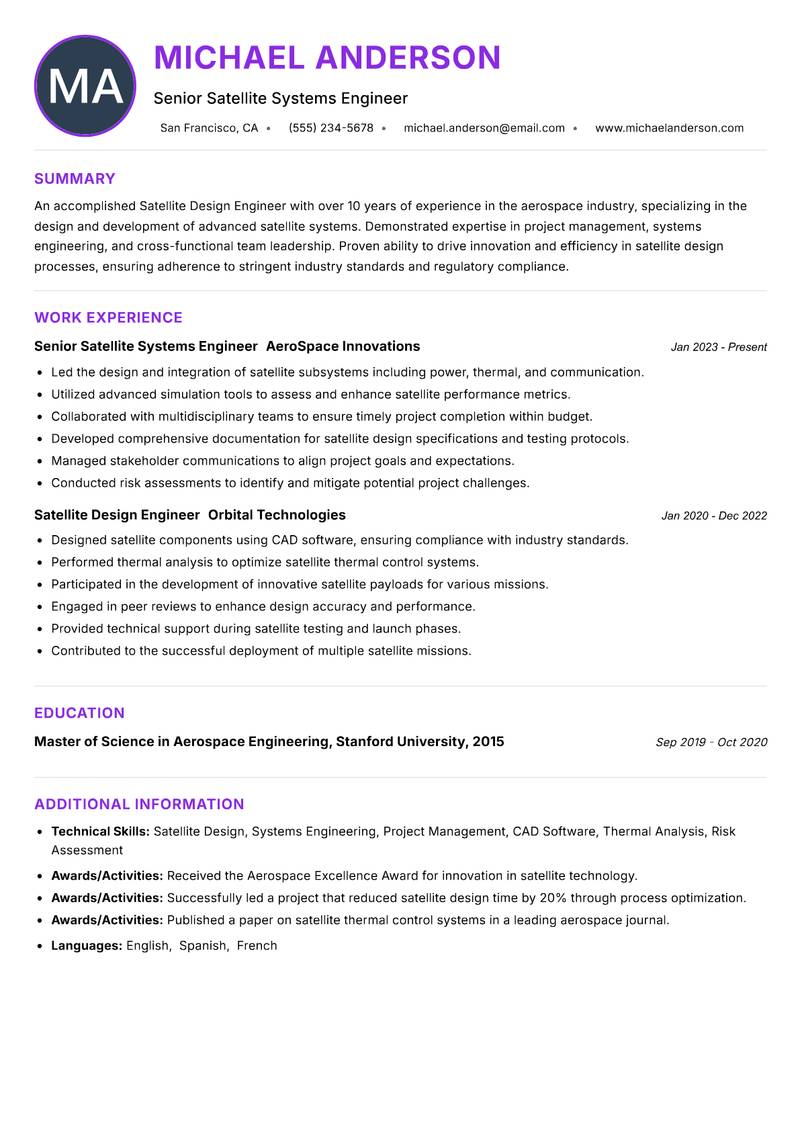 Satellite Design Engineer Resume Preview Example
