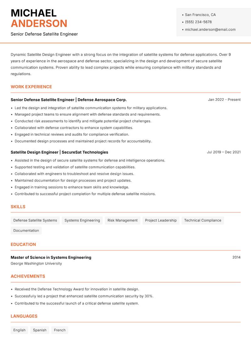 Satellite Design Engineer Resume Template