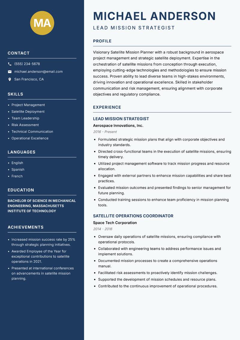 Satellite Mission Planner Resume Preview Example