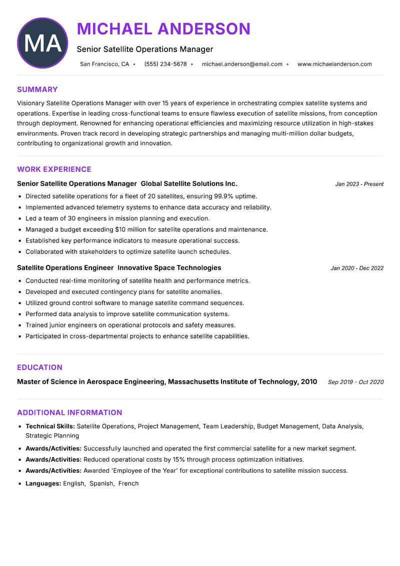Satellite Operations Manager Resume Preview Example