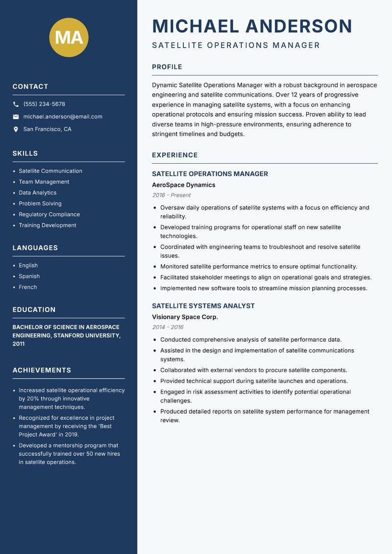 Satellite Operations Manager Resume Preview Example