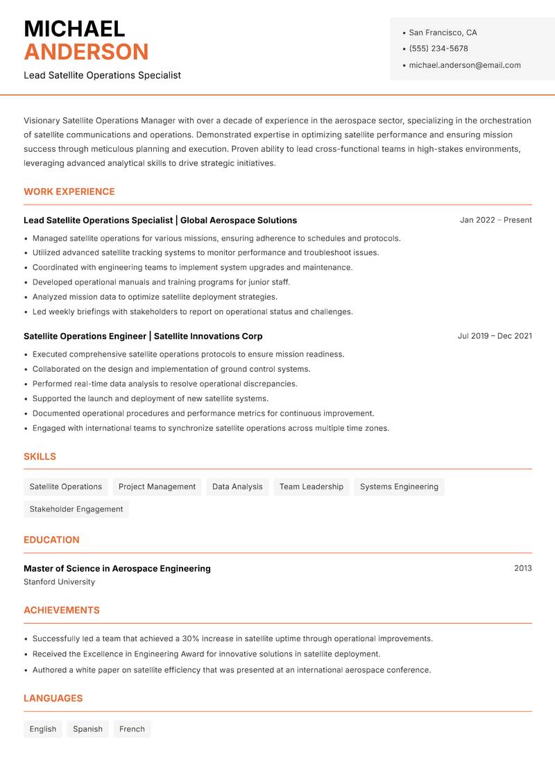 Satellite Operations Manager Resume Template