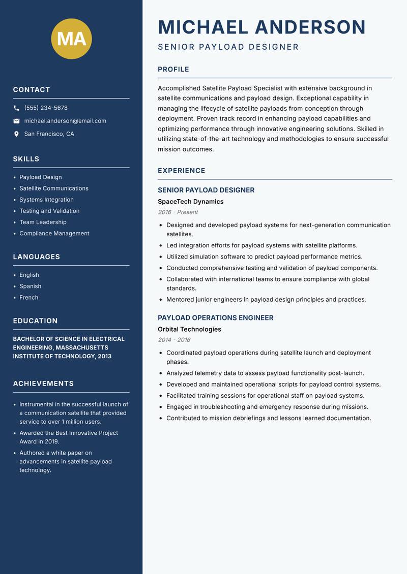 Satellite Payload Specialist Resume Preview Example