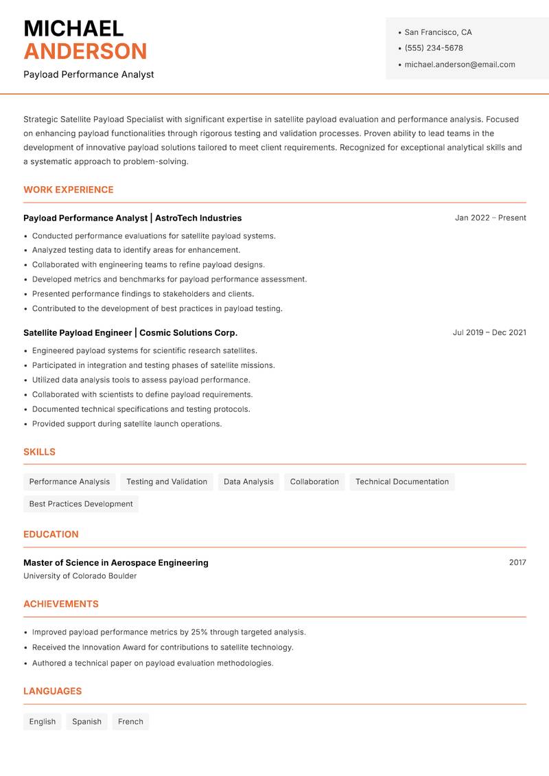 Satellite Payload Specialist Resume Template