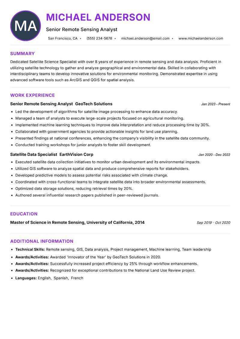 Satellite Science Specialist Resume Preview Example