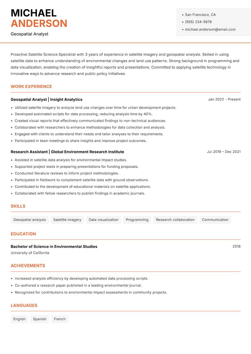 Satellite Science Specialist Resume Template