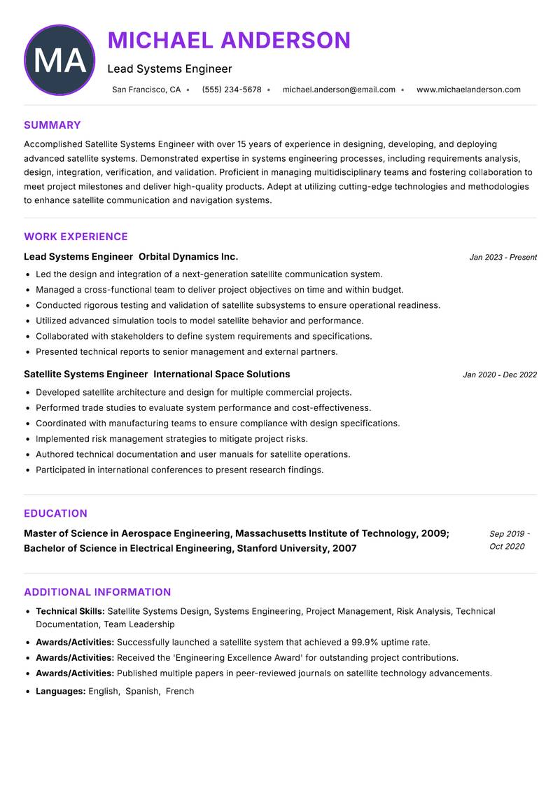 Satellite Systems Engineer Resume Preview Example