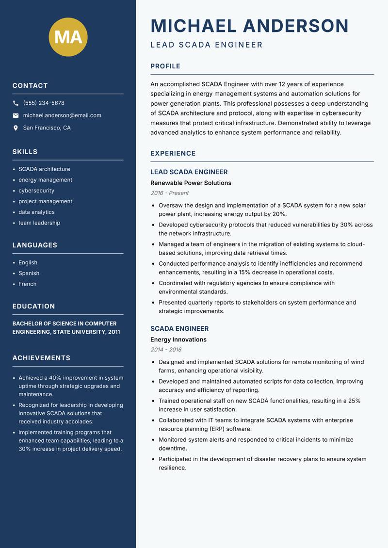 SCADA Engineer Resume Preview Example