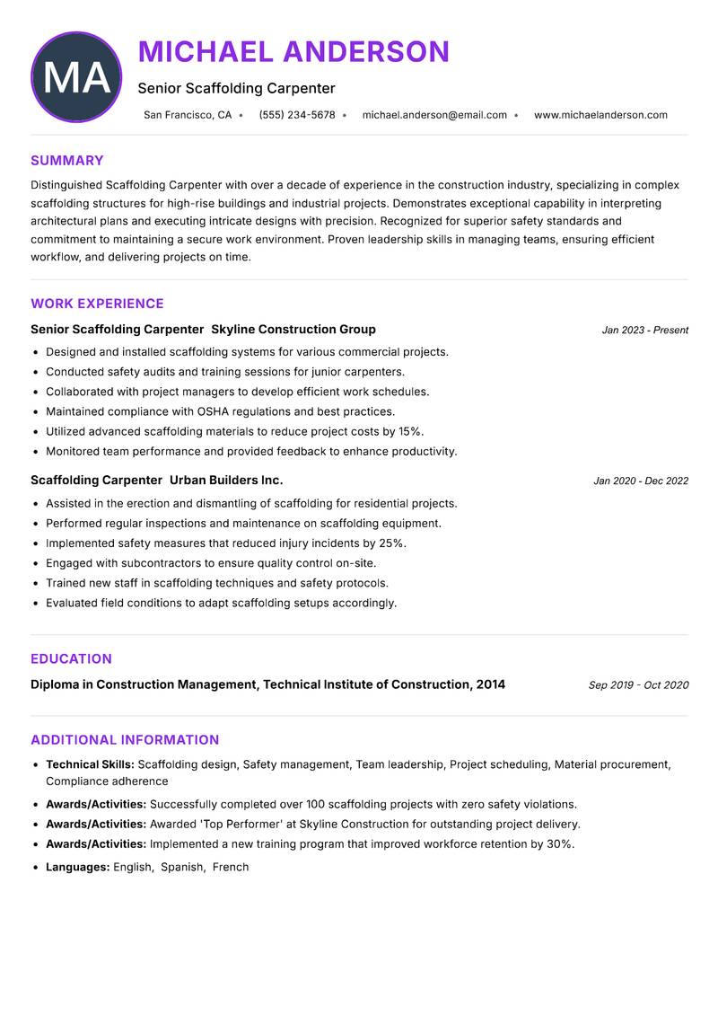 Scaffolding Carpenter Resume Preview Example