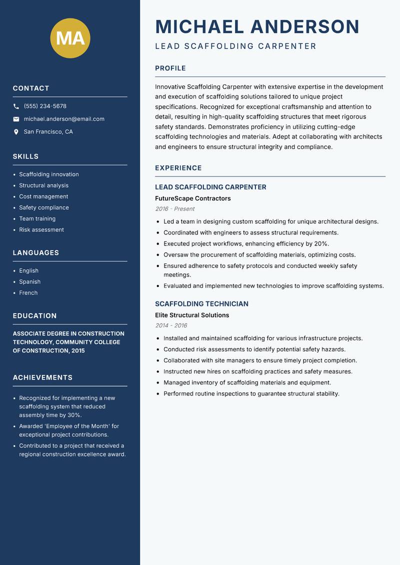 Scaffolding Carpenter Resume Preview Example