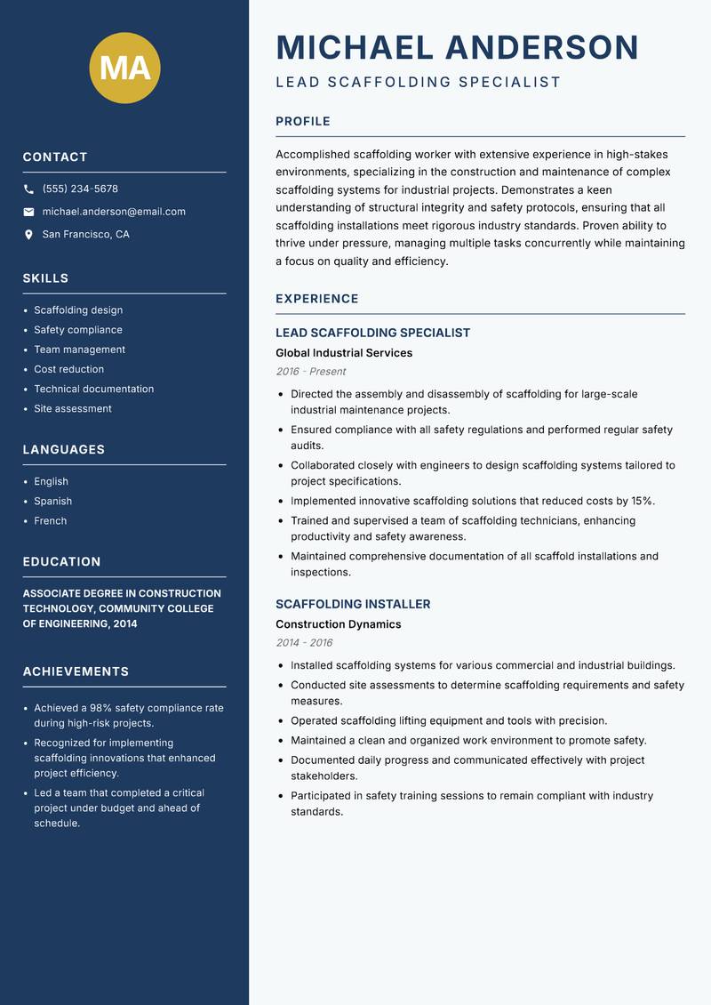 Scaffolding Worker Resume Preview Example