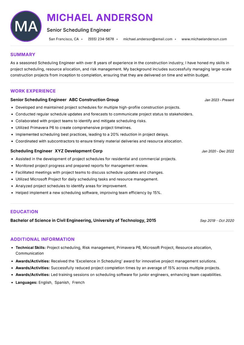 Scheduling Engineer Resume Preview Example
