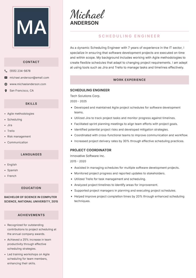Scheduling Engineer Resume Preview Example