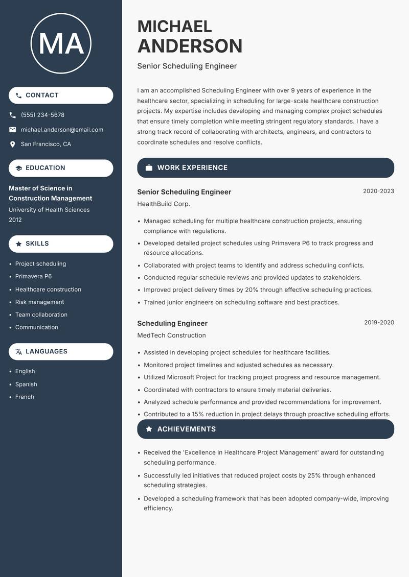 Scheduling Engineer Resume Preview Example